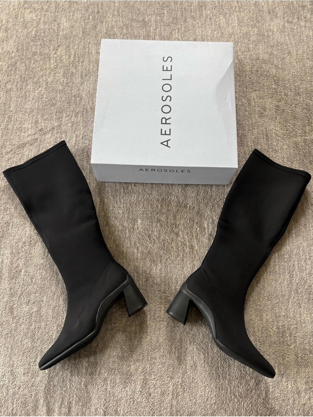 AEROSOLES WOMEN'S SCULPTED HEEL TALL SHAFT BOOT IN BLACK STRETCH FAUX SUEDE New